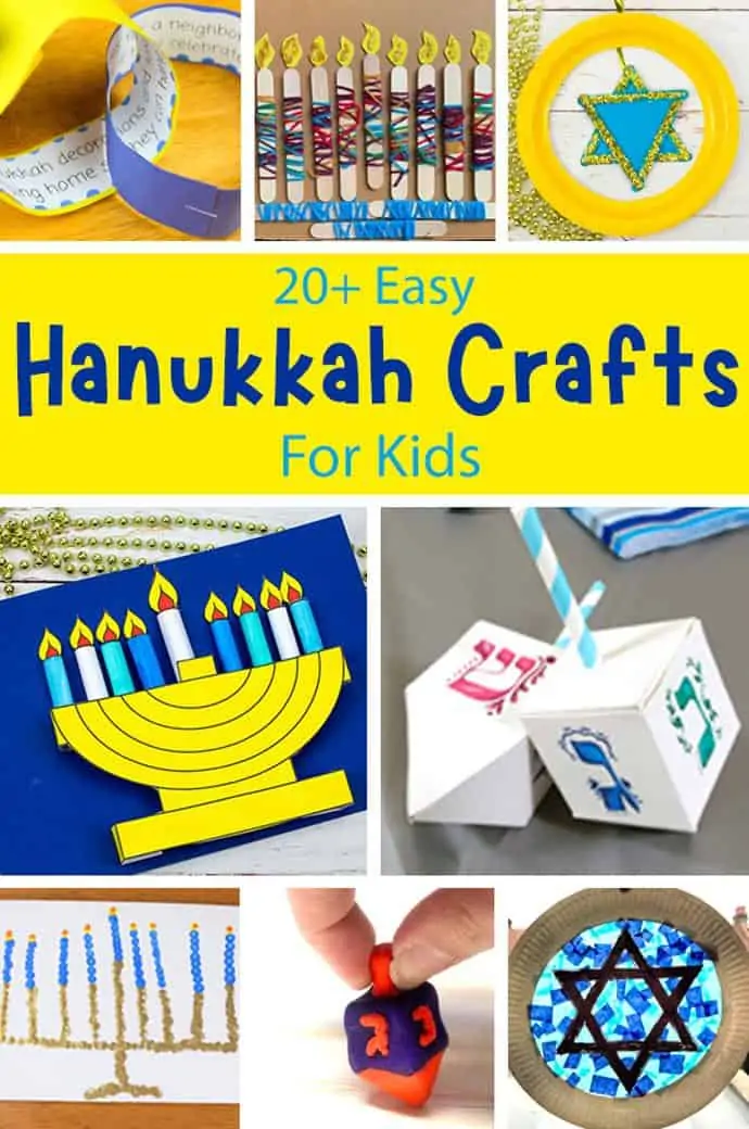 A tall collage of Hanukkah crafts for kids with text saying "20+ Easy Hanukkah Crafts For Kids".