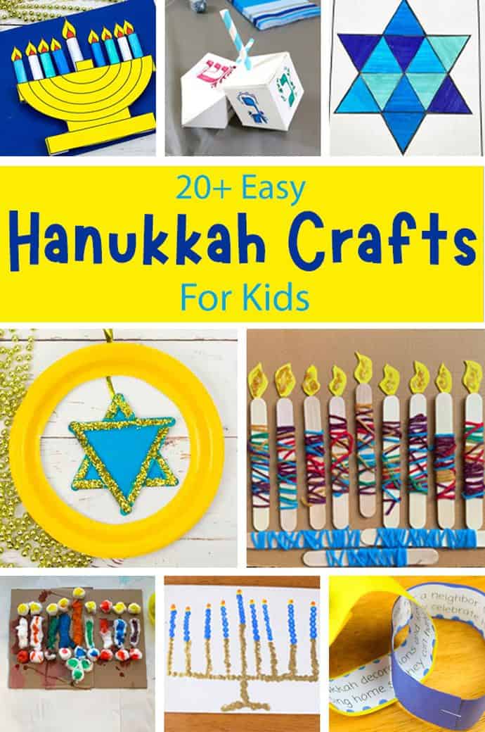 A square collage of Hanukkah crafts for kids with text in the middle saying "20+ Easy Hanukkah Crafts For Kids".