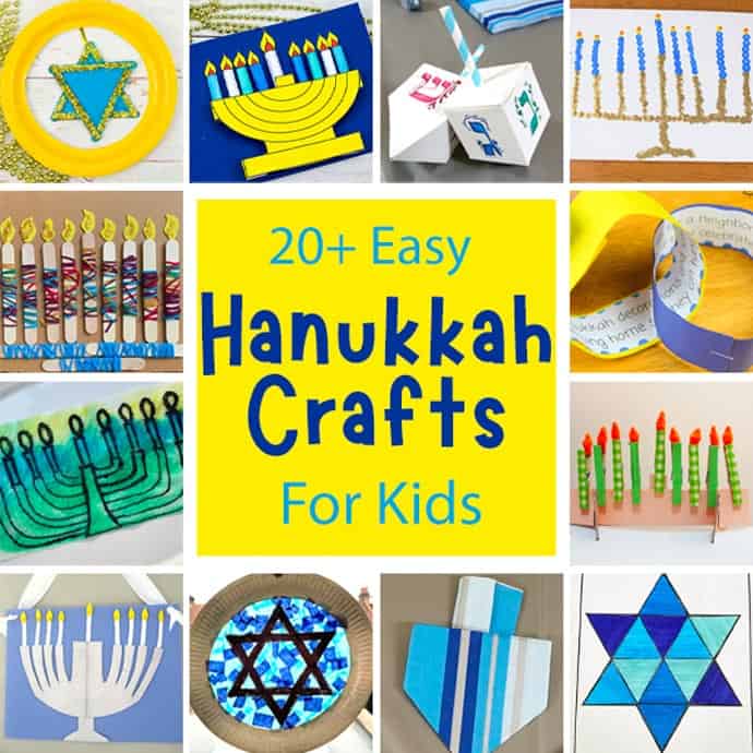A square collage of Hanukkah crafts for kids with text in the middle saying "20+ Easy Hanukkah Crafts For Kids".