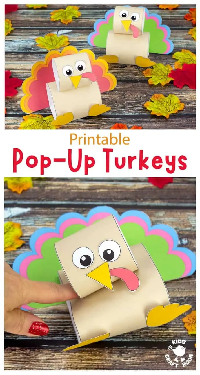 A collage of two pictures of pop up turkeys overlaid with text reading Printable Pop-Up Turkeys.