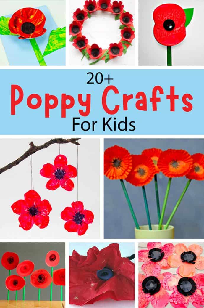 A portrait collage of poppy crafts.