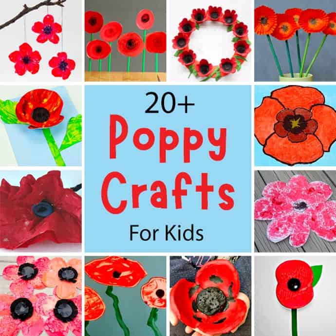 A square collage of poppy crafts.