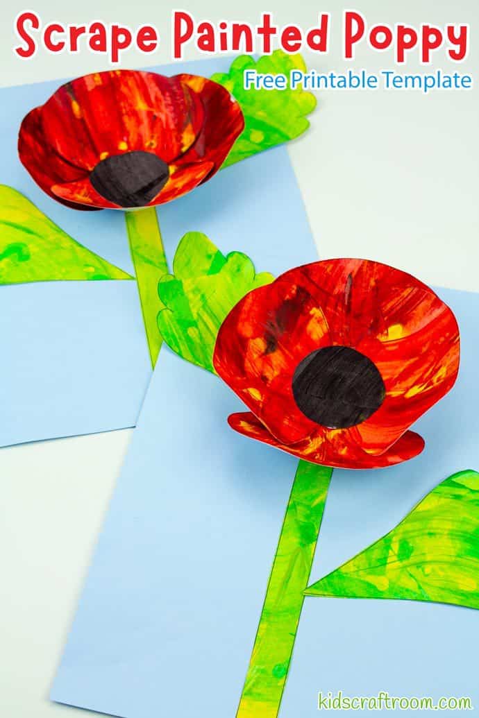 Two Scrape Painted Poppy Crafts lying one above the other, slightly overlapping, on a white table top. Overlaid with text reading Scrape Painted Poppy Free Printable Template.