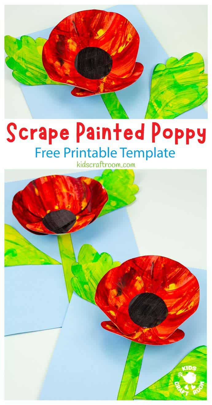 Scrape Painted Poppy Craft pin image. Three flowers shown lying on a white table, one above the other. Overlaid with text "Scrape Painted Poppy Free Printable Template.