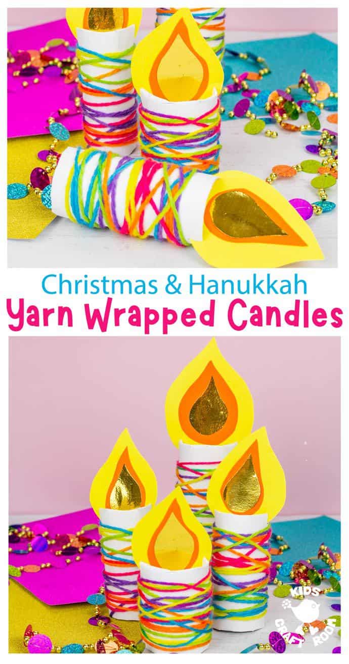 Cardboard Tube Candle Crafts on a table surrounded by colourful paper and Christmas decorations. Overlaid with the text "Christmas and Hanukkah Yarn wrapped Candles".