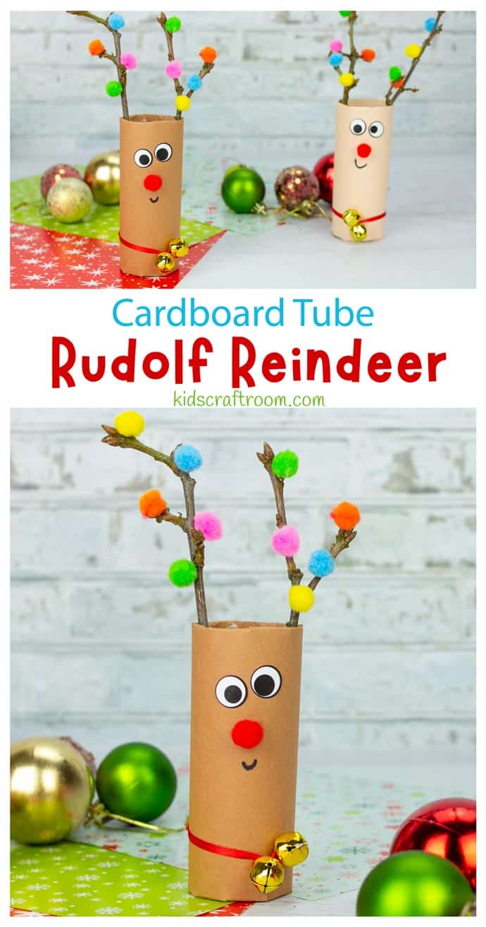 A collage showing 2 Cardboard Tube Reindeer Crafts standing on a table surrounded by Christmas wrapping paper and baubles at the top. Under that is a close up of a cardboard tube reindeer. Across the join of the two photos is text reading "Cardboard Tube Rudolf Reindeer".