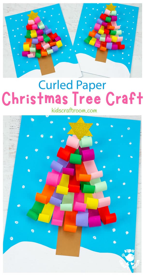 A collage of 3 Curled Paper Christmas Tree Crafts. Across the collage is the text saying "curled paper Christmas tree craft".