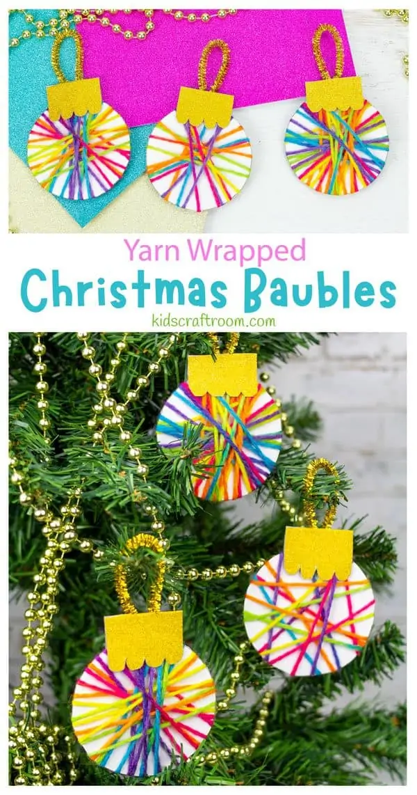 Two pictures of Christmas baubles joined one above the other to make a collage. Across the join is the text " Yarn wrapped Christmas Baubles".