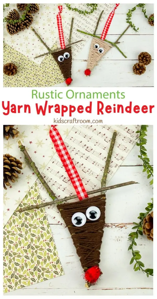 A collage of Yarn Wrapped Reindeer lying on a table top strewn with Christmas wrapping paper and pine cones.