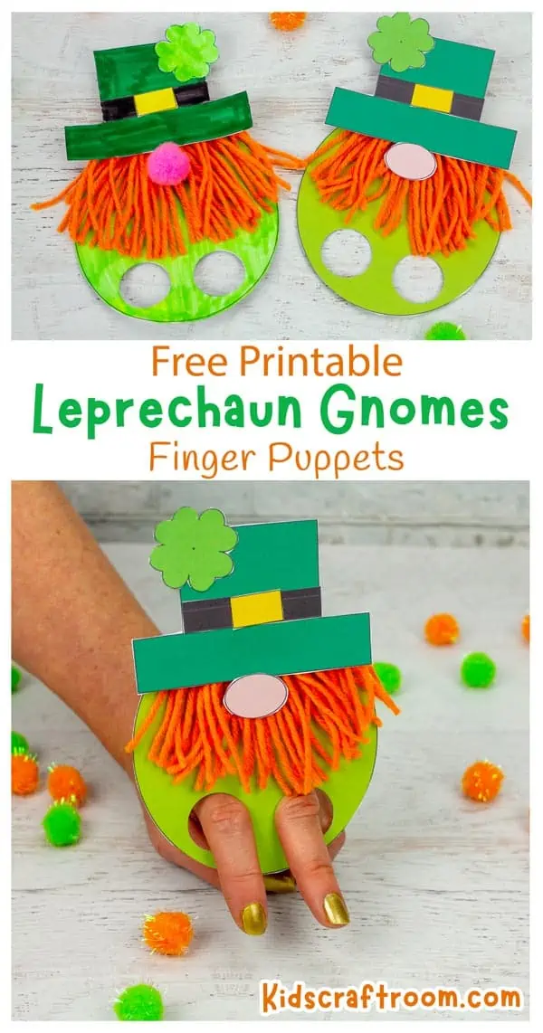 Leprechaun Gnome Finger Puppets pin image with text "Free Printable Leprechaun Gnome Finger Puppets".