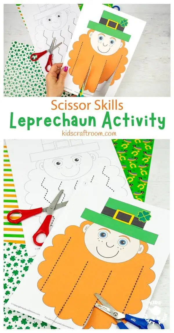 Pin image of Leprechaun Scissor Skills Activities for St Patrick's Day.