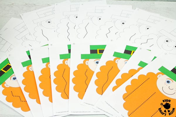 Leprechaun Scissor Skills Activity for St Patrick's Day sheets fanned out on a tabletop.
