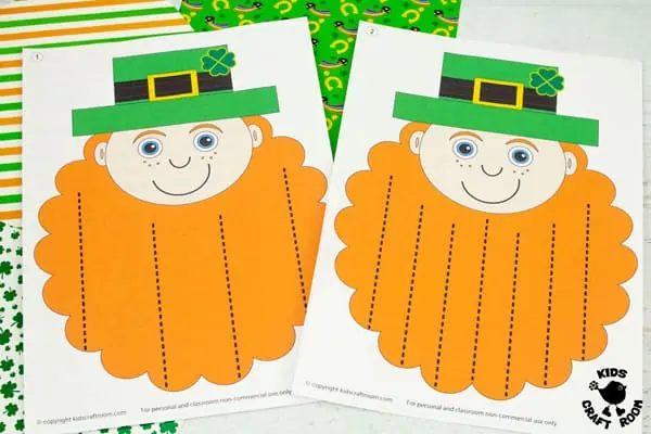 2 coloured Leprechaun Scissor Skills Activity for St Patrick's Day lying side by side on a white tabletop.