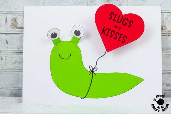 Slugs and Kisses Valentine's Day Craft - green slug holding red heart shaped balloon.