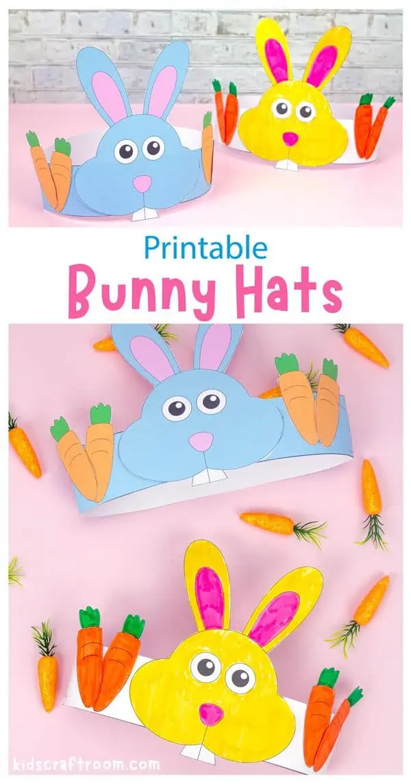 A collage of Easter Bunny hats on a pink table top.