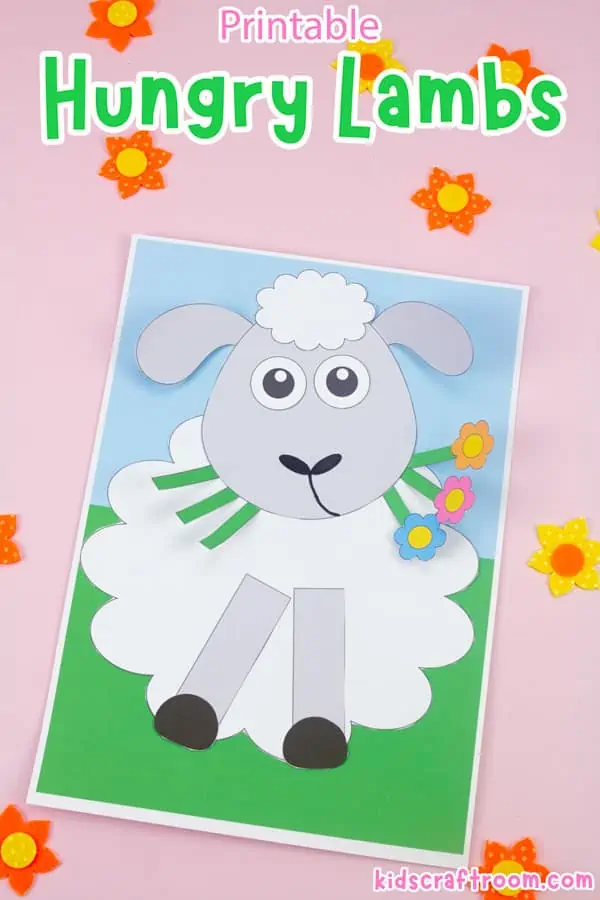 A sheep craft lying on a pink tabletop. Overlaid with text reading "Printable Hungry Lambs".