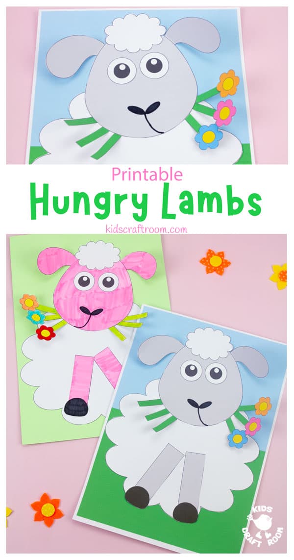 A collage of hungry lamb crafts over laid with text reading "printable hungry lambs".