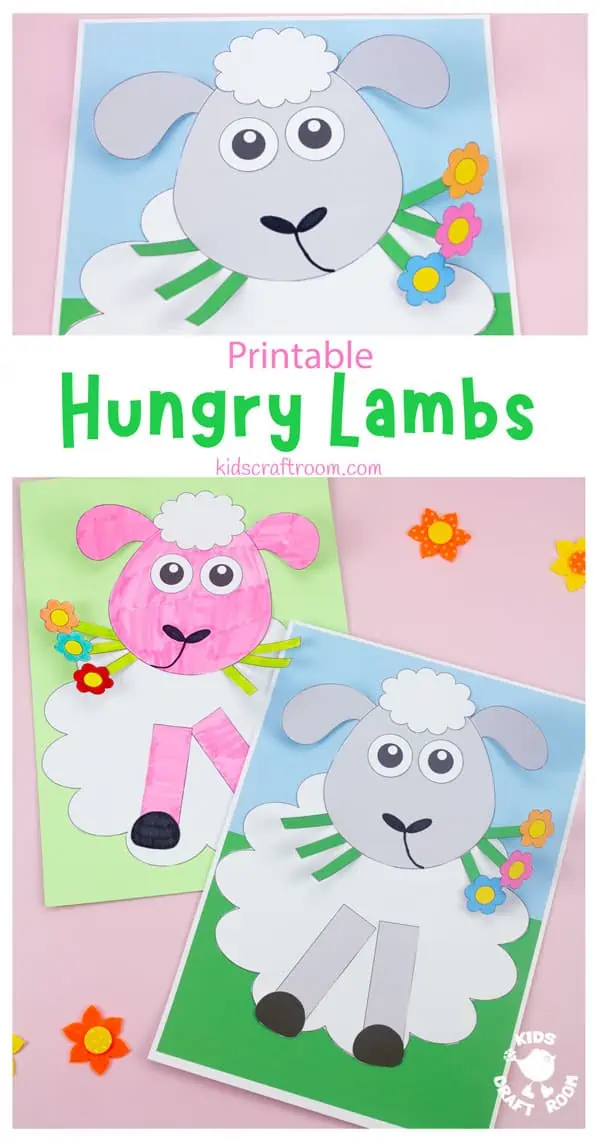 A collage of hungry lamb crafts over laid with text reading "printable hungry lambs".