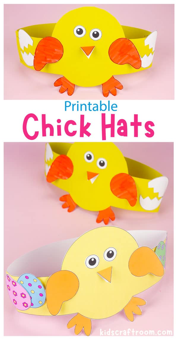 A collage of easter chick headbands with a text overlay saying "printable chick hats".
