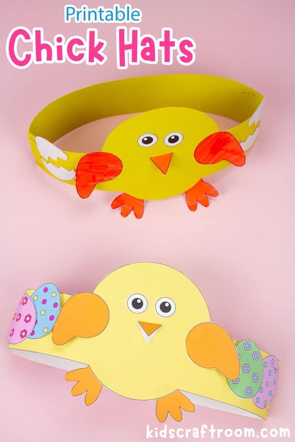 Two chick headbands on a pink surface. One hat stands upright the other lies below it on its back.