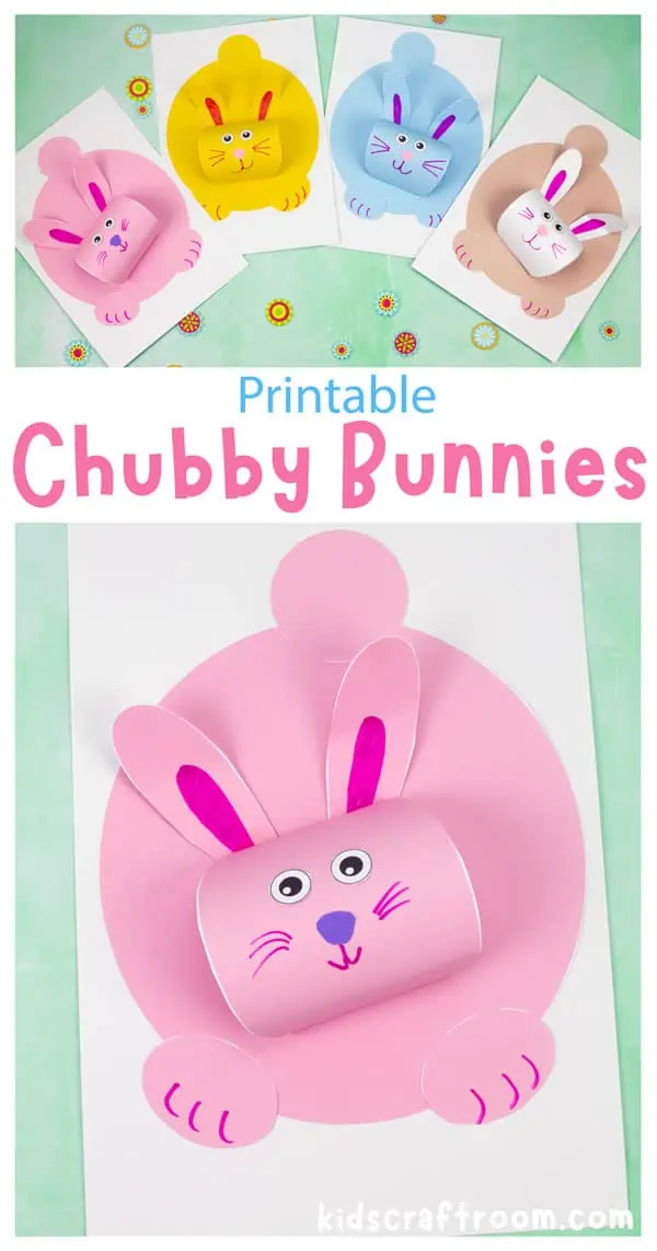 A collage of 3D bunnies in different colours. Overlaid with text saying " Printable Chubby Bunnies".