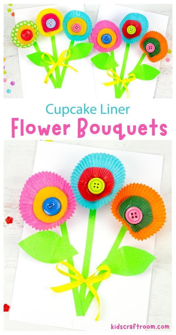 A collage of flower photos overlaid with the text "cupcake liner flower bouquet".