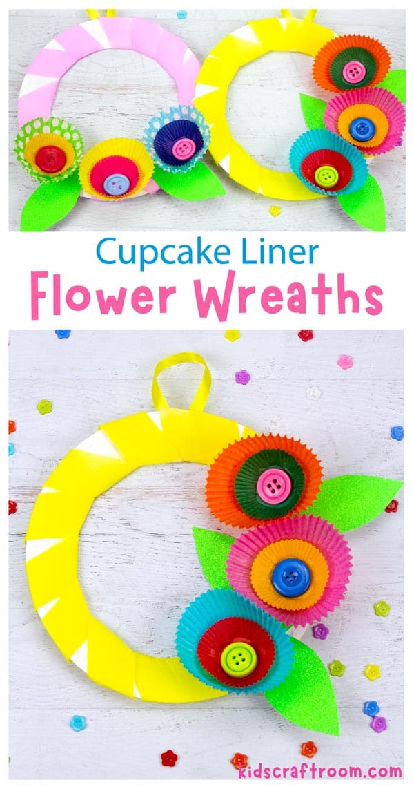 A collage of flower wreaths overlaid with the text "Cupcake Liner Flower Wreaths".