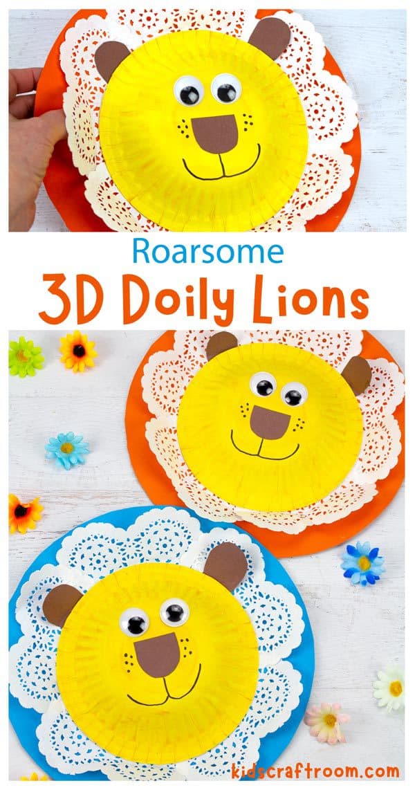 A collage of lion crafts overlaid with the text "Roarsome 3D Doily Lions".