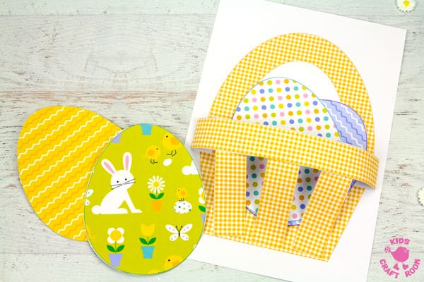 A yellow gingham basket with paper easter eggs. 