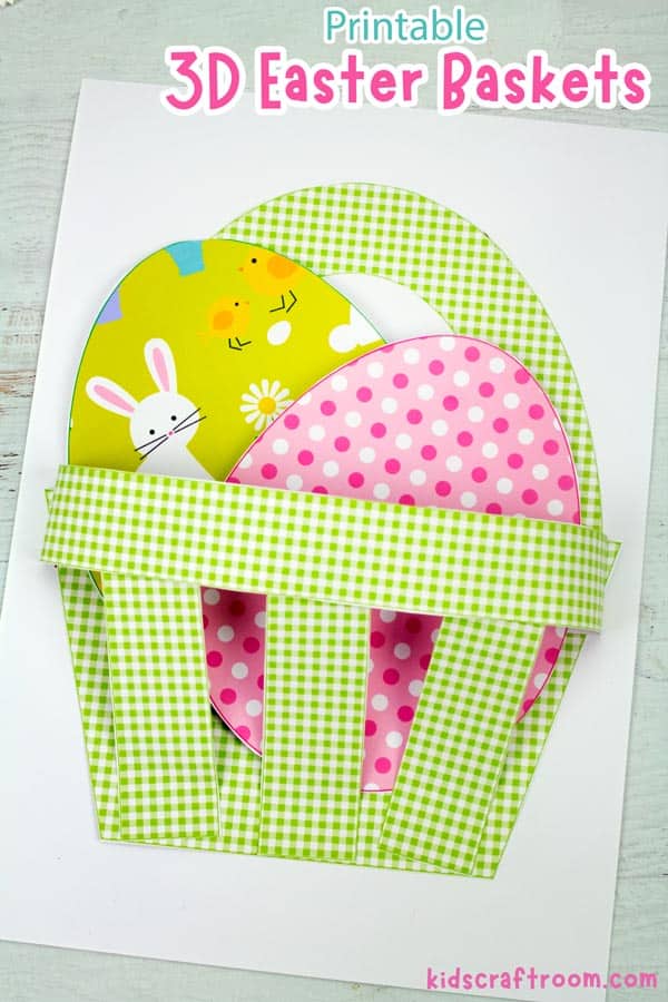 A green gingham 3D Easter Basket Craft filed with colourful paper eggs.