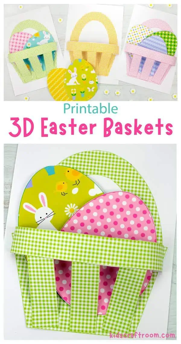A collage of gingham paper easter baskets overlaid with text reading" Printable 3D Easter Baskets.