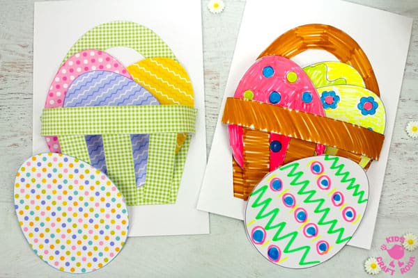2 paper Easter Baskets lying side by side on a white table top. The first is green gingham and the second has been coloured in with marker pens of different colours.