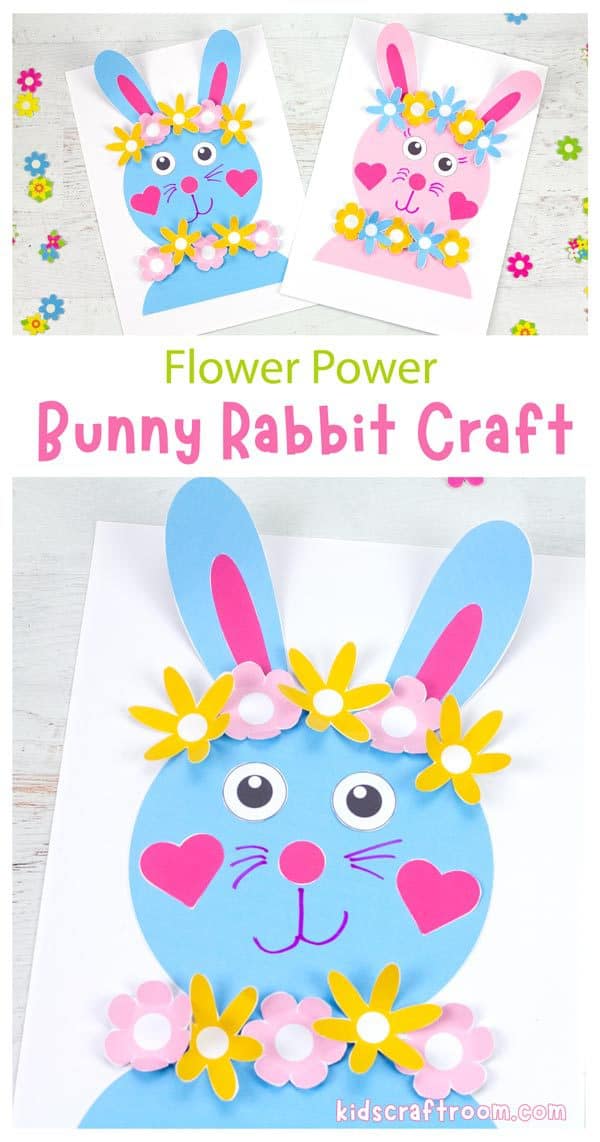 A collage of flowery bunny crafts overlaid with text saying "Flower power bunny rabbit craft".