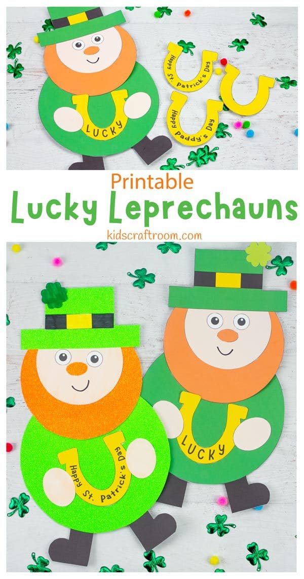 3 Lucky Leprechaun Crafts in a collage with text across the middle reading "printable lucky leprechauns".