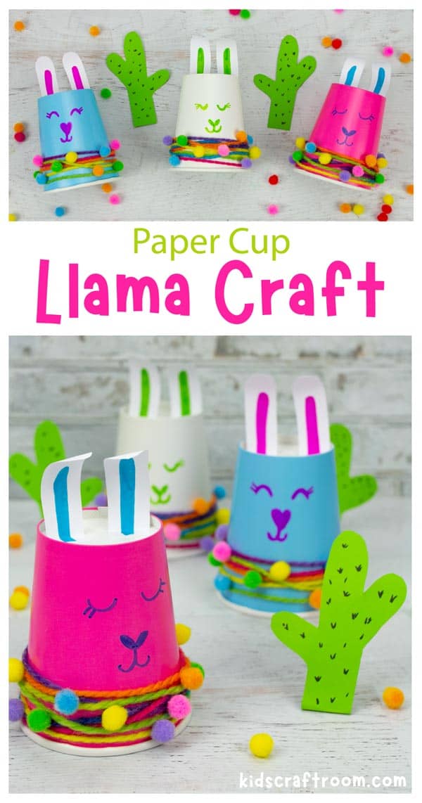 A collage of paper cup llamas overlaid with text.