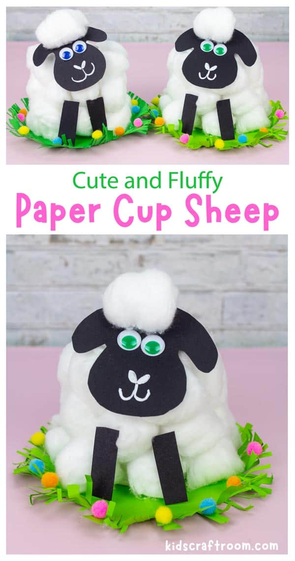 A collage of paper cup sheep crafts overlaid with the text " cute and fluffy paper cup sheep".