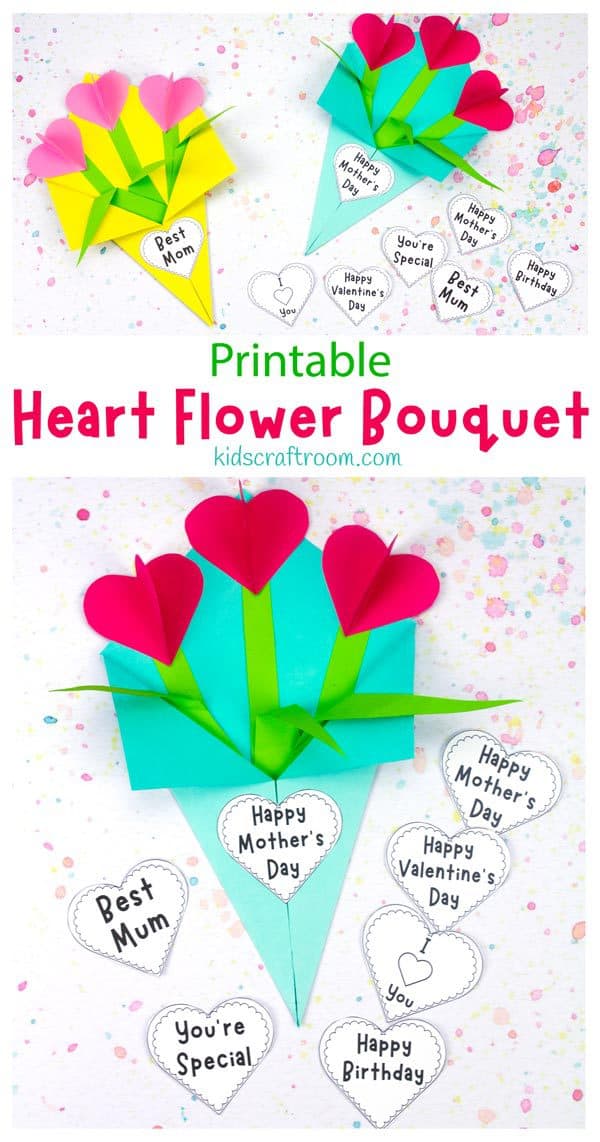 A collage of paper bouquet crafts overlaid with the text "Printable Heart Flower Bouquet".