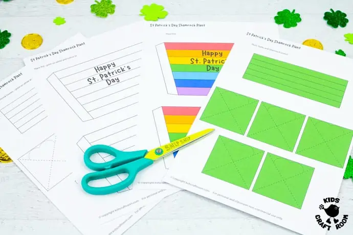 3D Shamrock Craft templates spread out on a tabletop.