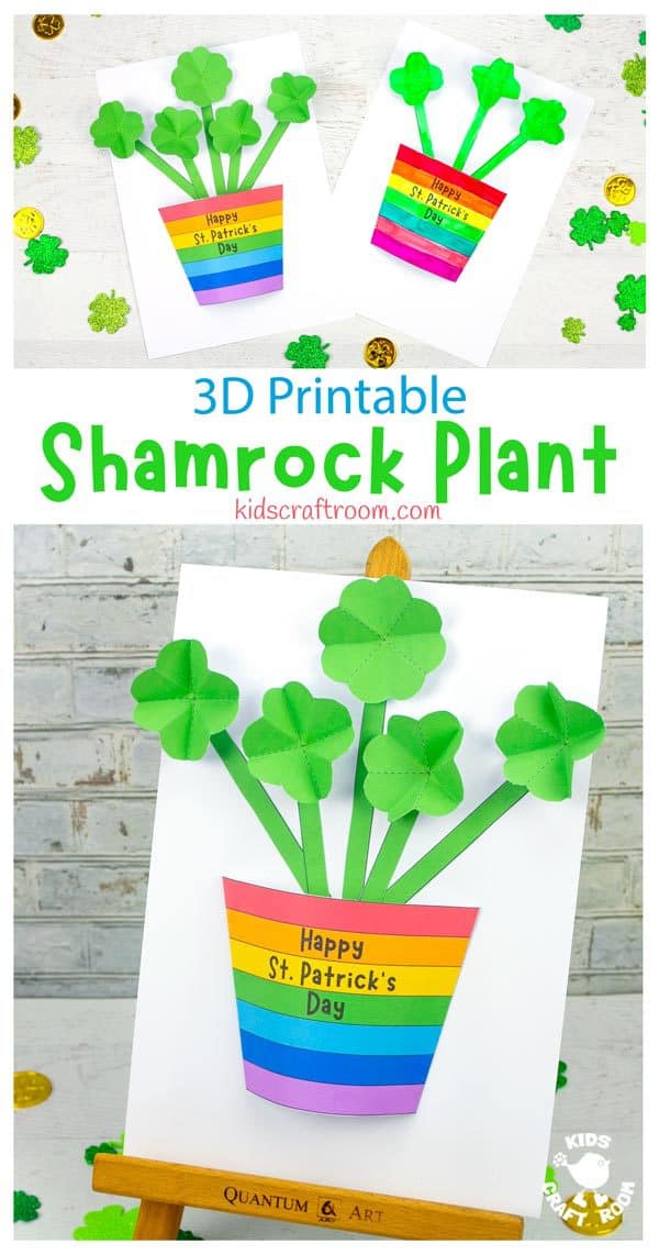 A collage of 2 St Patrick's Day 3D Shamrock Crafts. Between the two images there is the text "3D Printable Shamrock Plant".
