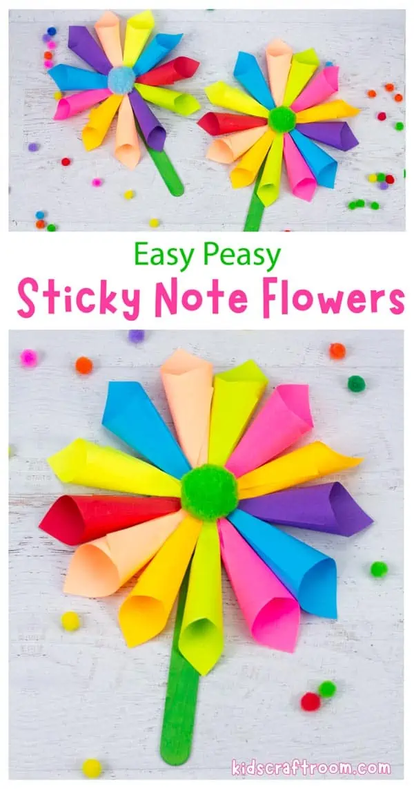 A collage of flower crafts overlaid with the text " Easy Peasy Sticky Note Flowers".