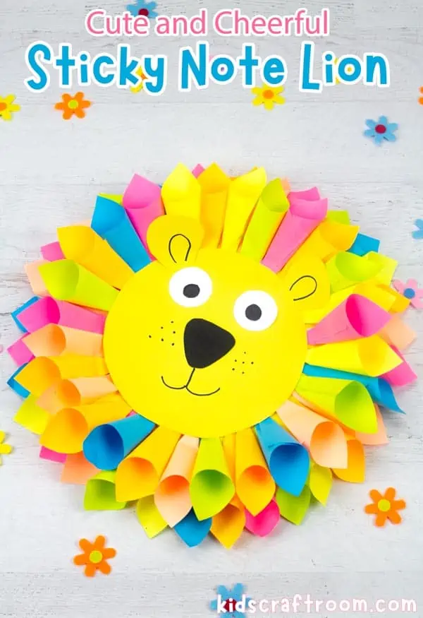 A pin image of a colourful smiling lion craft for kids, made with a sticky note mane. Overlaid with text saying "Cute and cheerful sticky note lion".