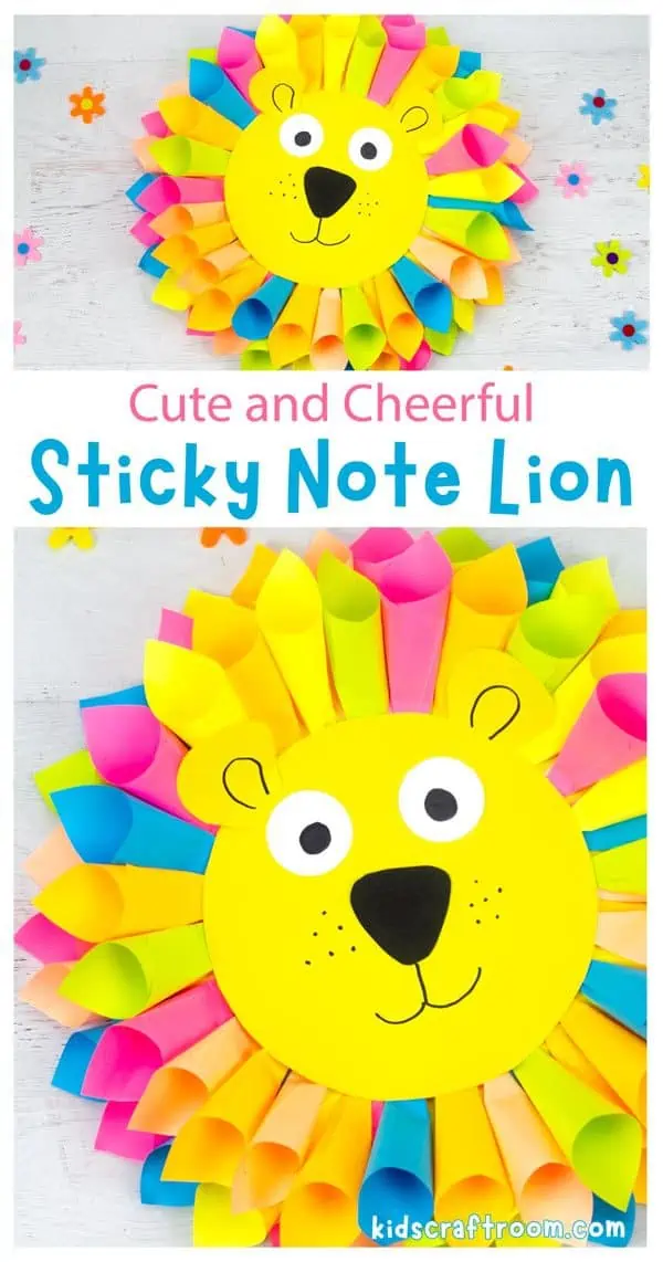 A college of Sticky Note Lion Crafts overlaid with the text "Cute and cheerful sticky note lion".