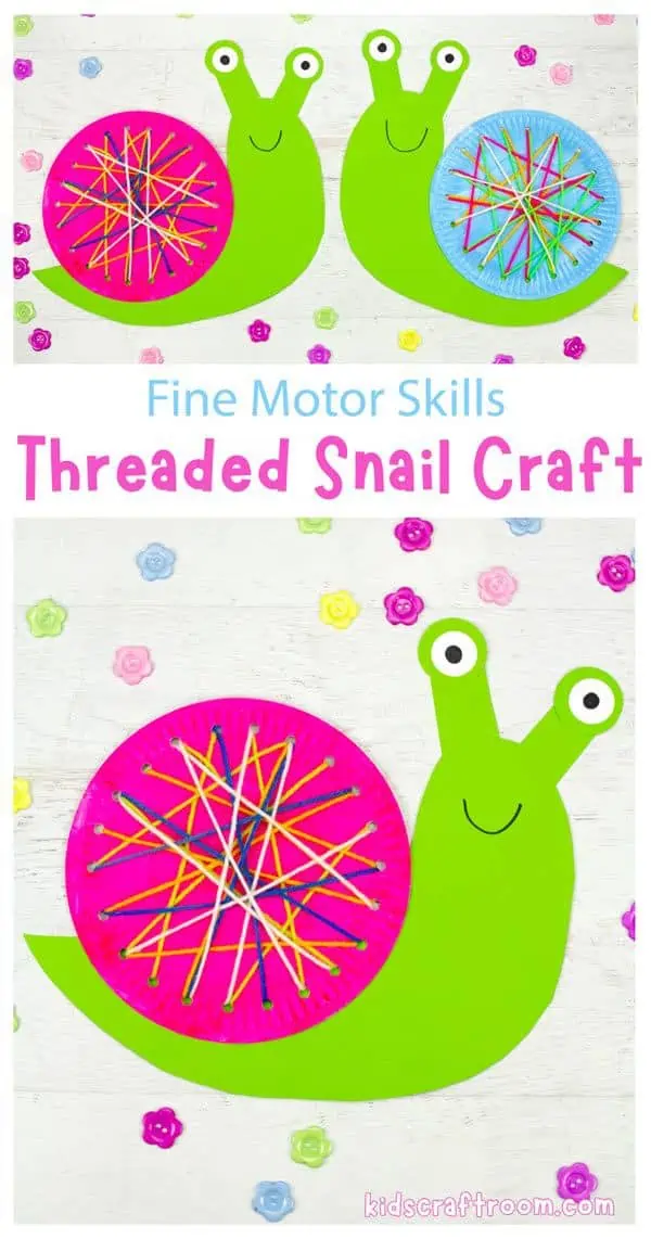 A collage of snail crafts overlaid with the text "Fine motor skills threaded snail craft".