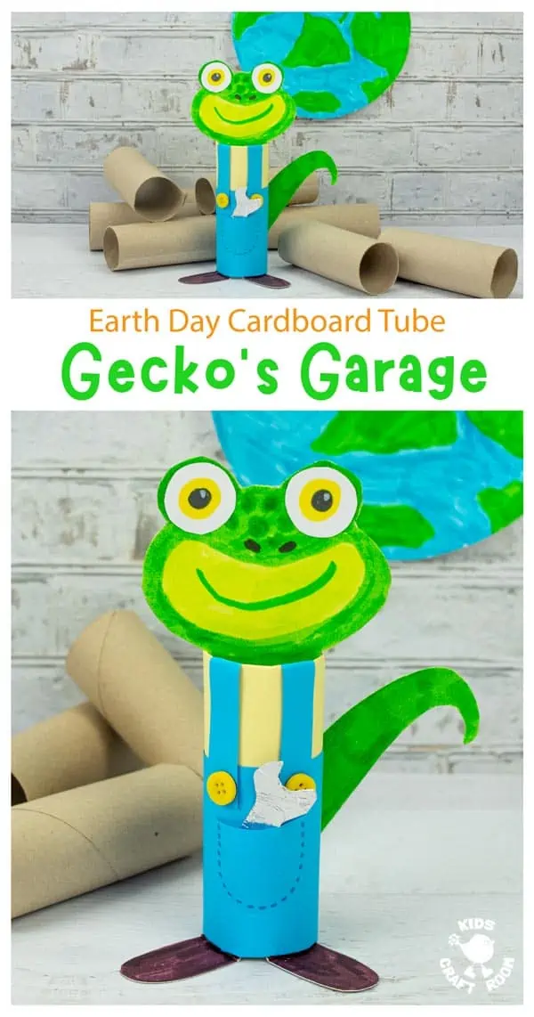 A gecko craft made from a cardboard tube standing on a white tabletop with a picture of the earth on the wall behind it.