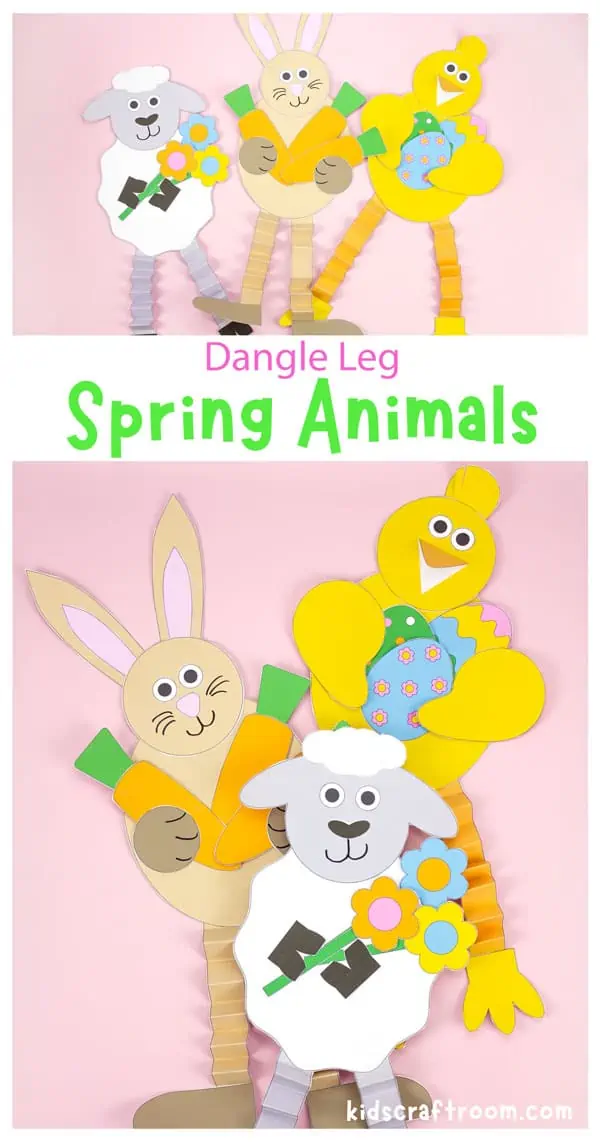 A collage of dangly legs spring animal crafts overlaid with the text "Dangle leg spring animals".