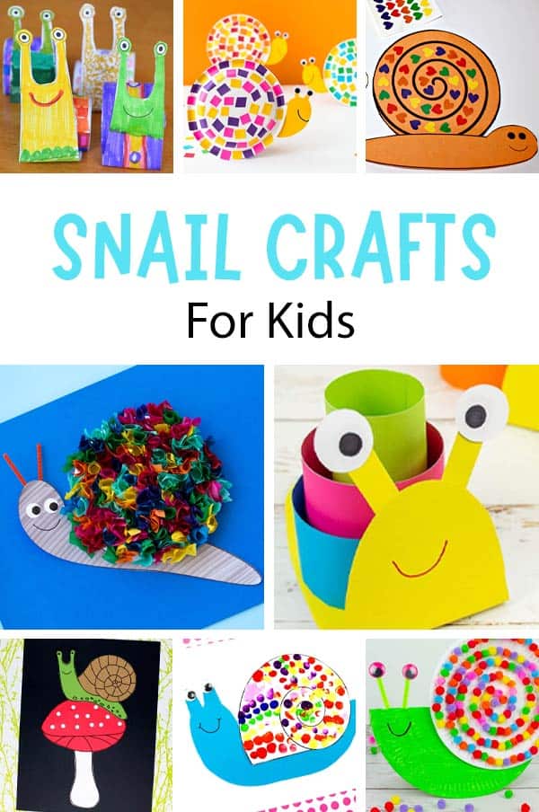 Collage of lots of snail crafts for kids.