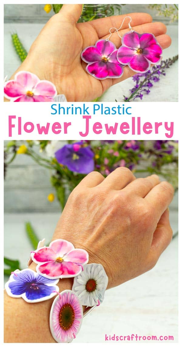 A collage of jewellery made from real flowers and shrink plastic.
