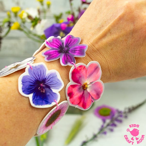 Bracelets made from real flowers and shrink plastic.