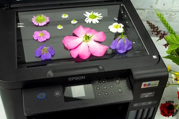 Real flowers on a printer ready to be scanned.
