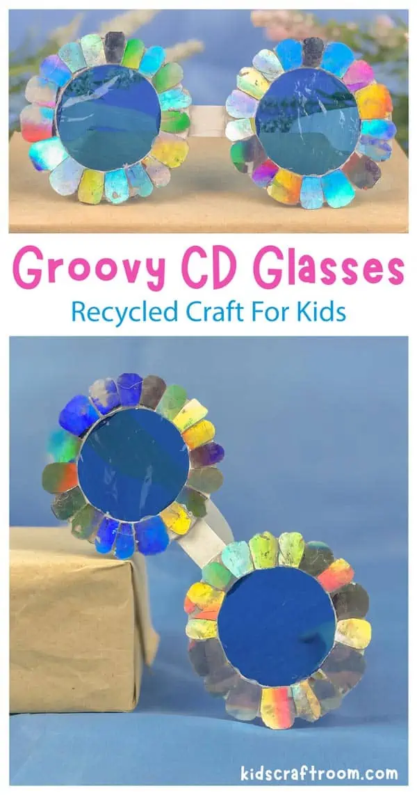 A collage of pictures of sunglasses made using old CDs. Overlaid with the text "Groovy CD Glasses".